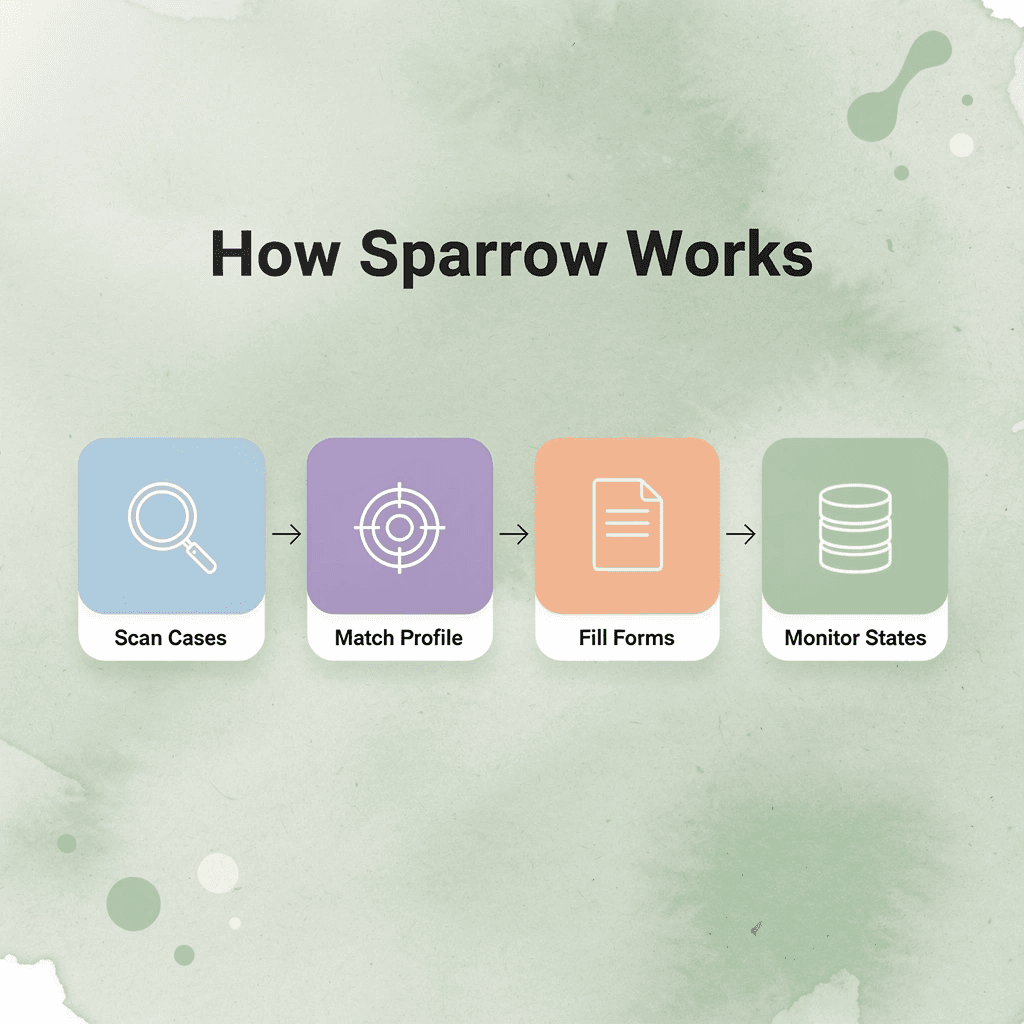 Process flow infographic showing Sparrow's four steps: scan cases, match profile, fill forms, monitor states