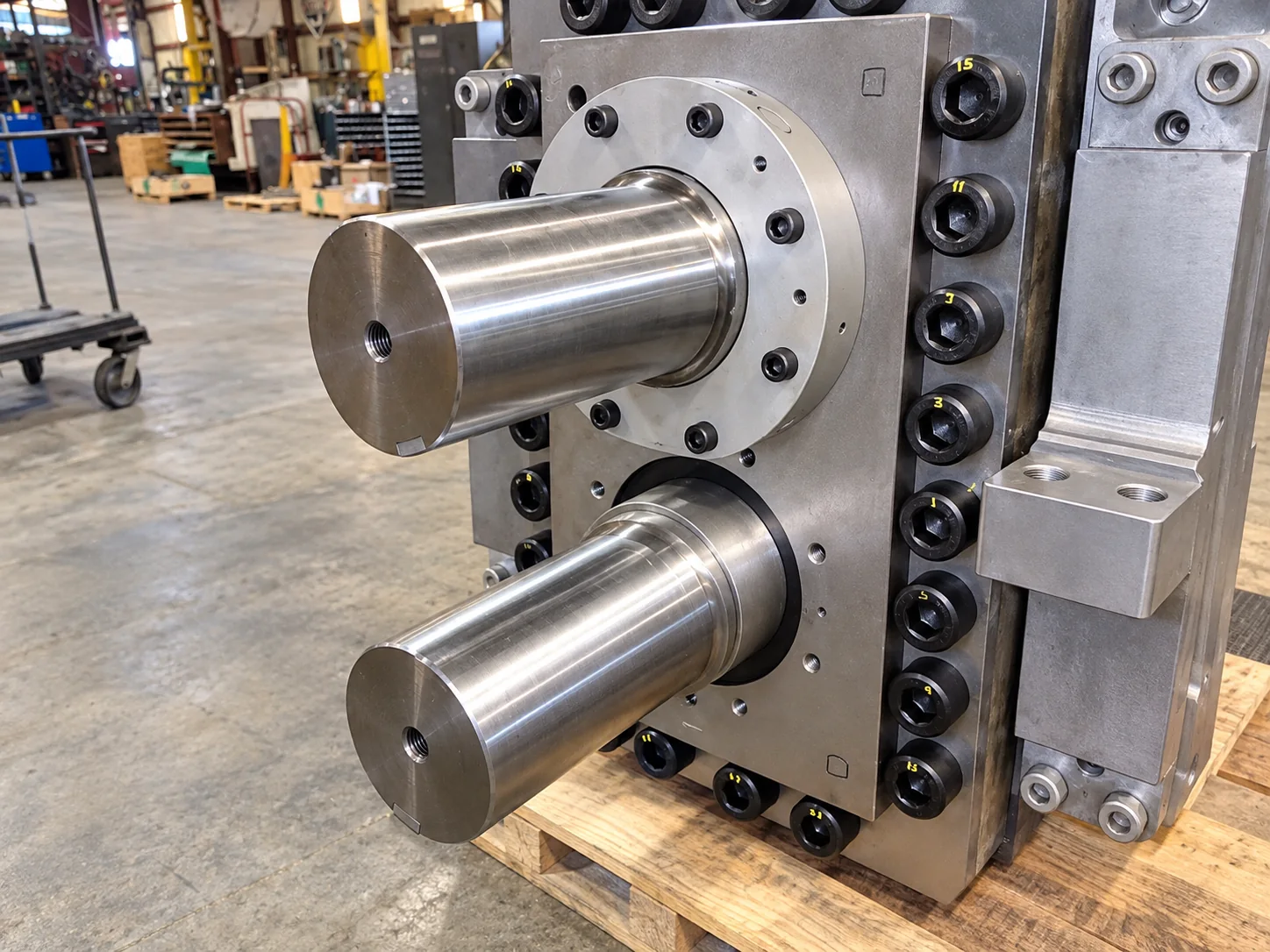 Repaired metal housing with two polished shaft ends in the workshop