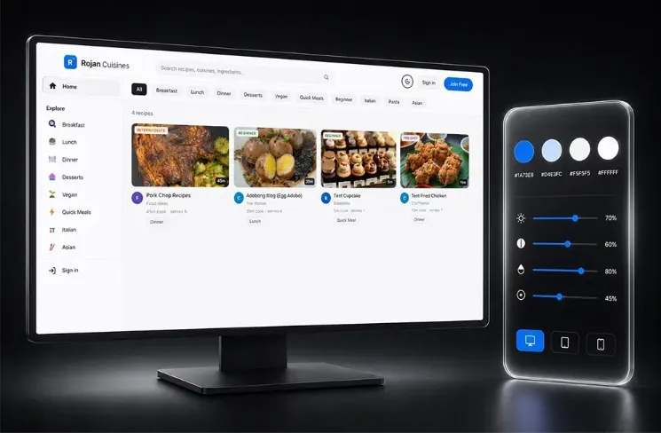 Clean recipe discovery website UI with categorized dishes, designed in Framer