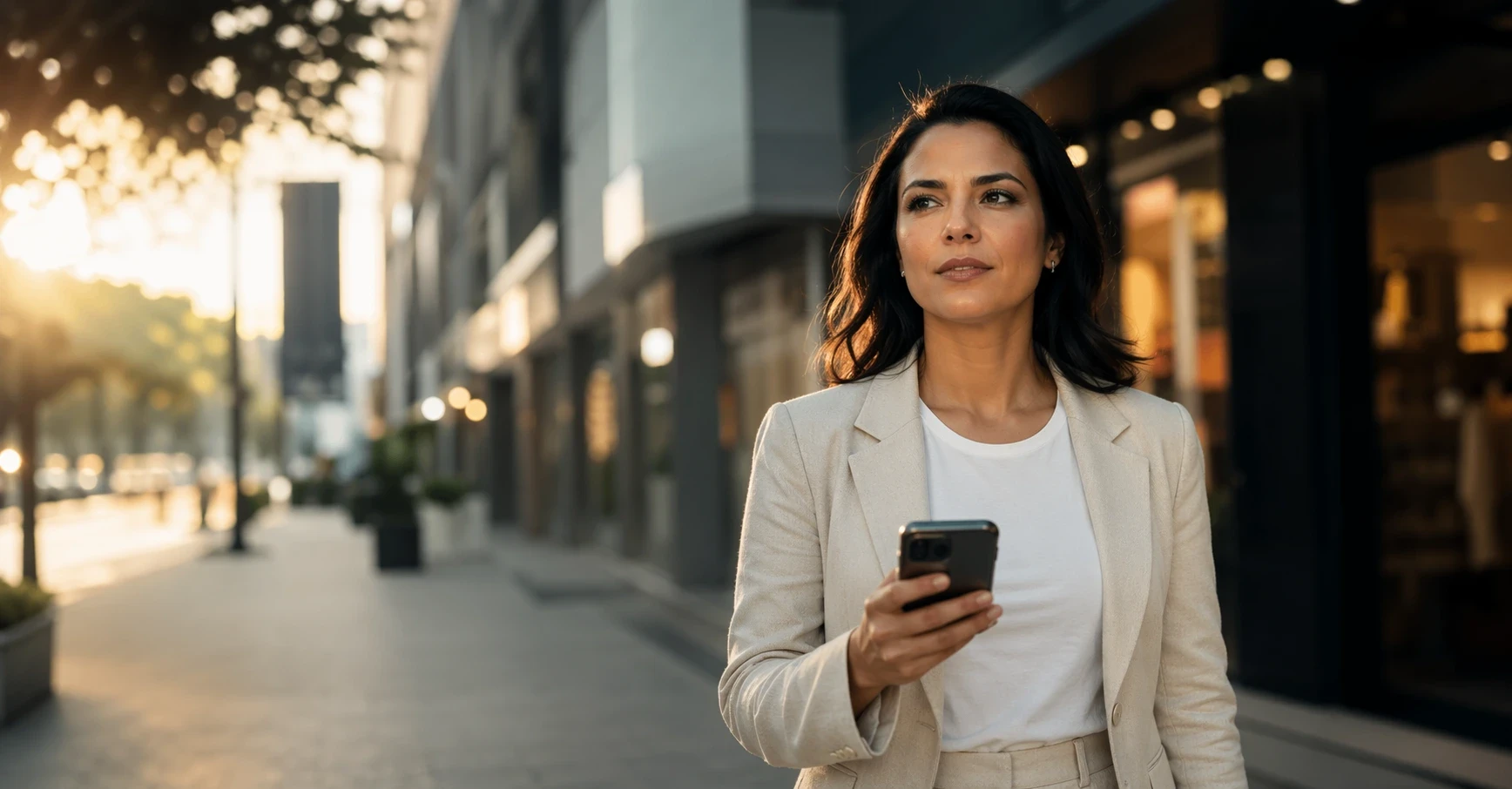 Mulher profissional caminhando por rua comercial de Uberlândia segurando smartphone, representando o comportamento do consumidor local que pesquisa empresas no Google antes de decidir onde comprar, principal razão pela qual SEO local é essencial no Triângulo Mineiro.