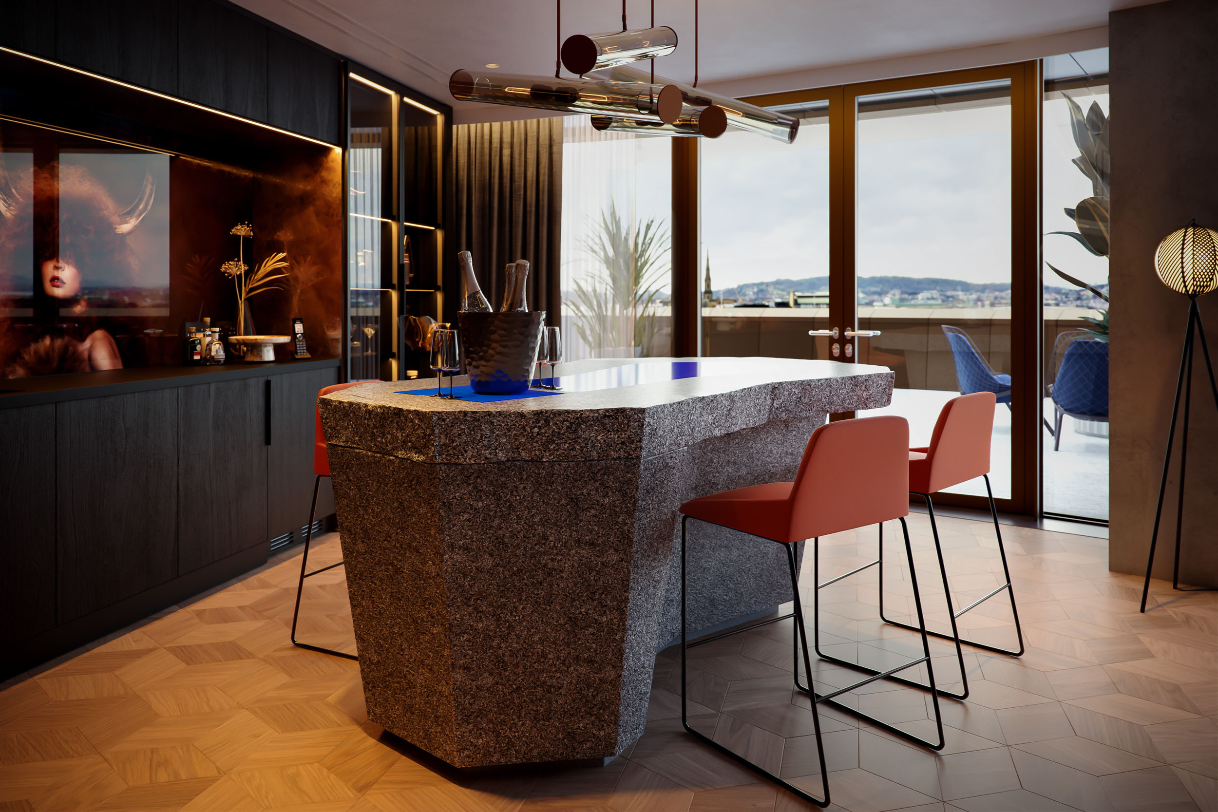 Architectural CGI render of a modern kitchen island