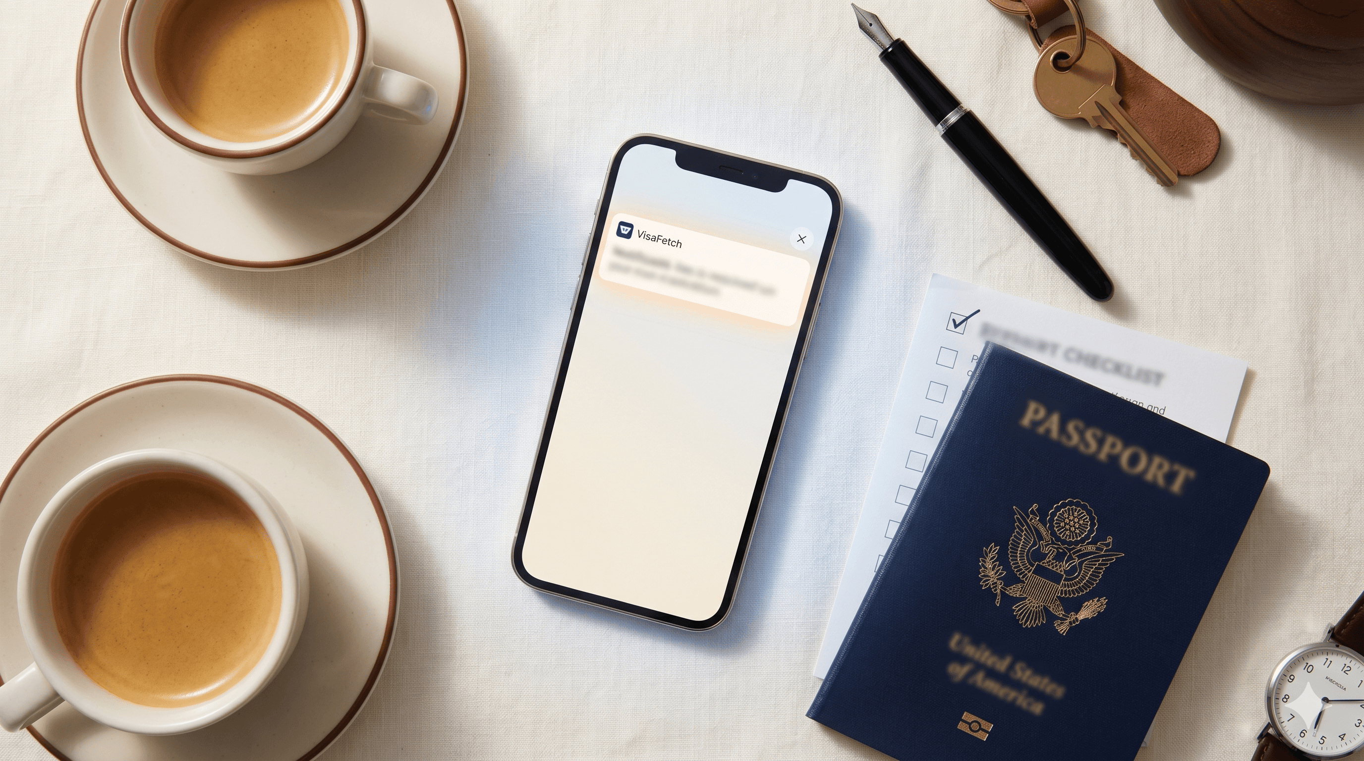 A flat-lay of a smartphone with an incoming appointment notification glowing on screen, alongside a US passport, a checklist, and a brass key — illustrating preparedness for a VFS appointment alert.