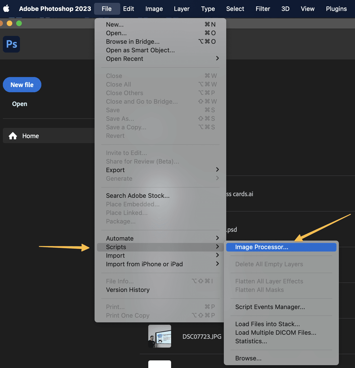 Arrows pointing to "Scripts" in the submenu and "Image Processor" of Photoshop