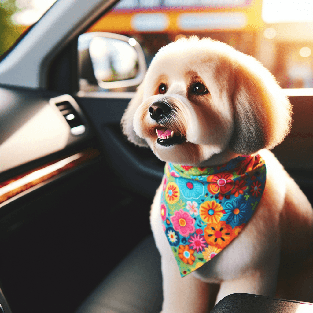 cute puppy riding in a car to the groomer