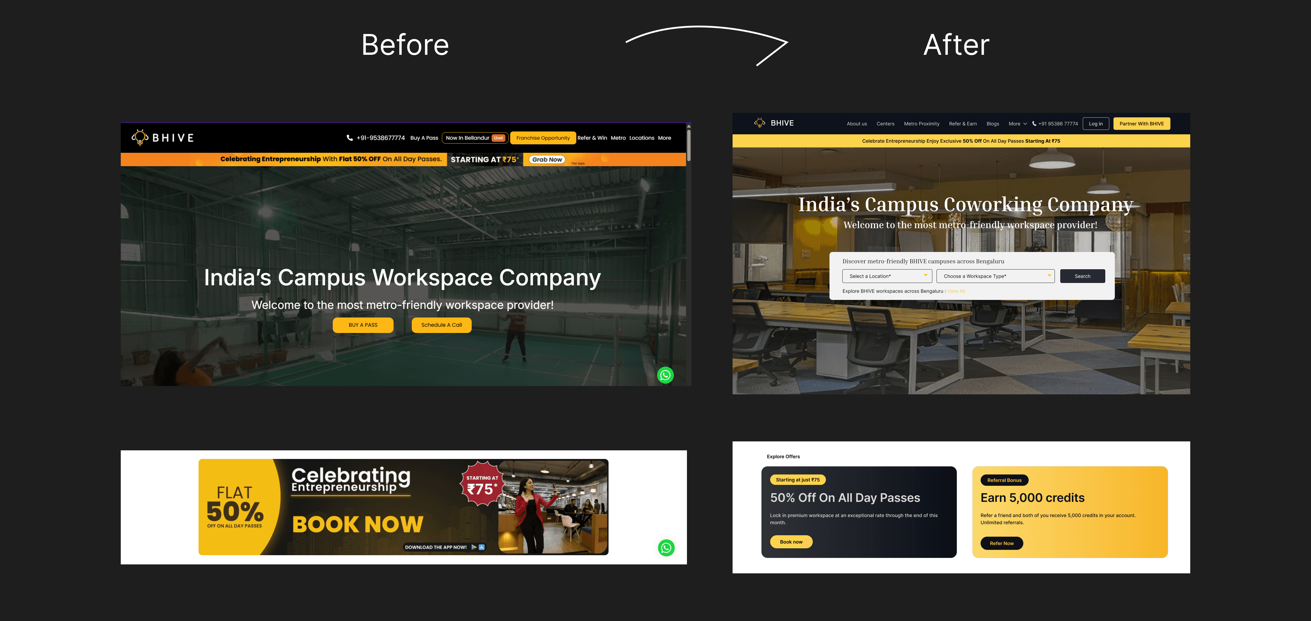 The hero section was redesigned to establish a clear visual hierarchy and communicate the core value instantly. By reducing clutter and prioritizing a strong headline with a focused call-to-action, the layout now guides user attention more effectively and creates a stronger first impression.