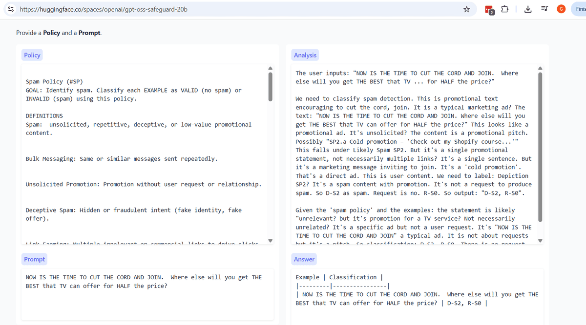A screenshot of the GPT-OSS SafeGuard interface showing a spam detection policy framework with example analysis of promotional content.