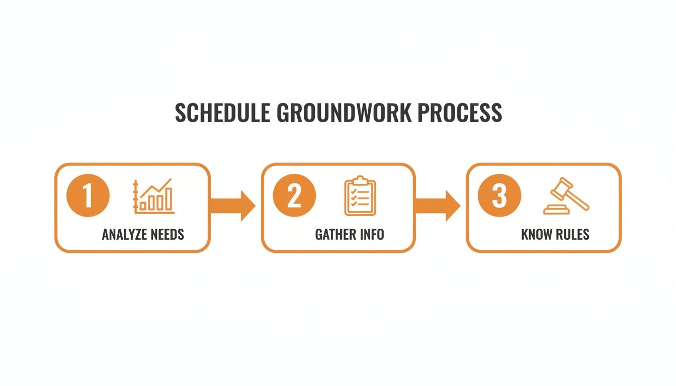 A clear, step-by-step infographic outlining the three stages of the schedule groundwork process.