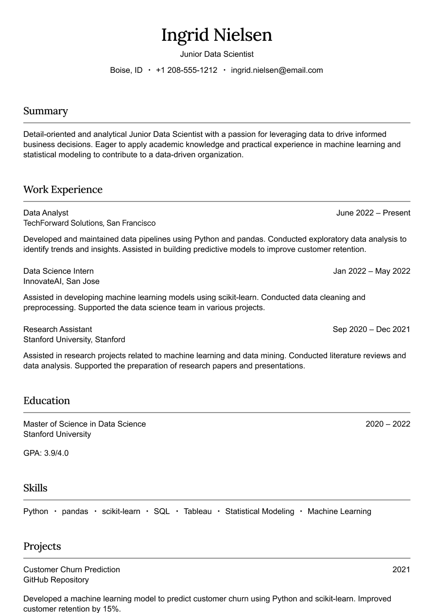 Junior data scientist resume example