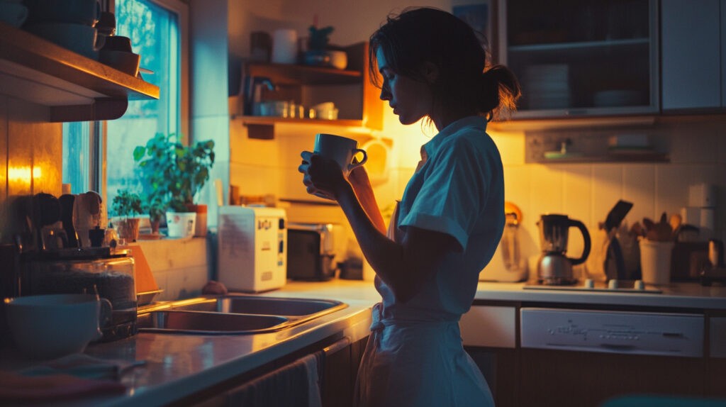 A woman in a cozy kitchen, holding a cup while gazing out the window. The warm glow of the evening light highlights her silhouette against a backdrop of kitchen shelves filled with utensils and plants, creating a serene atmosphere.