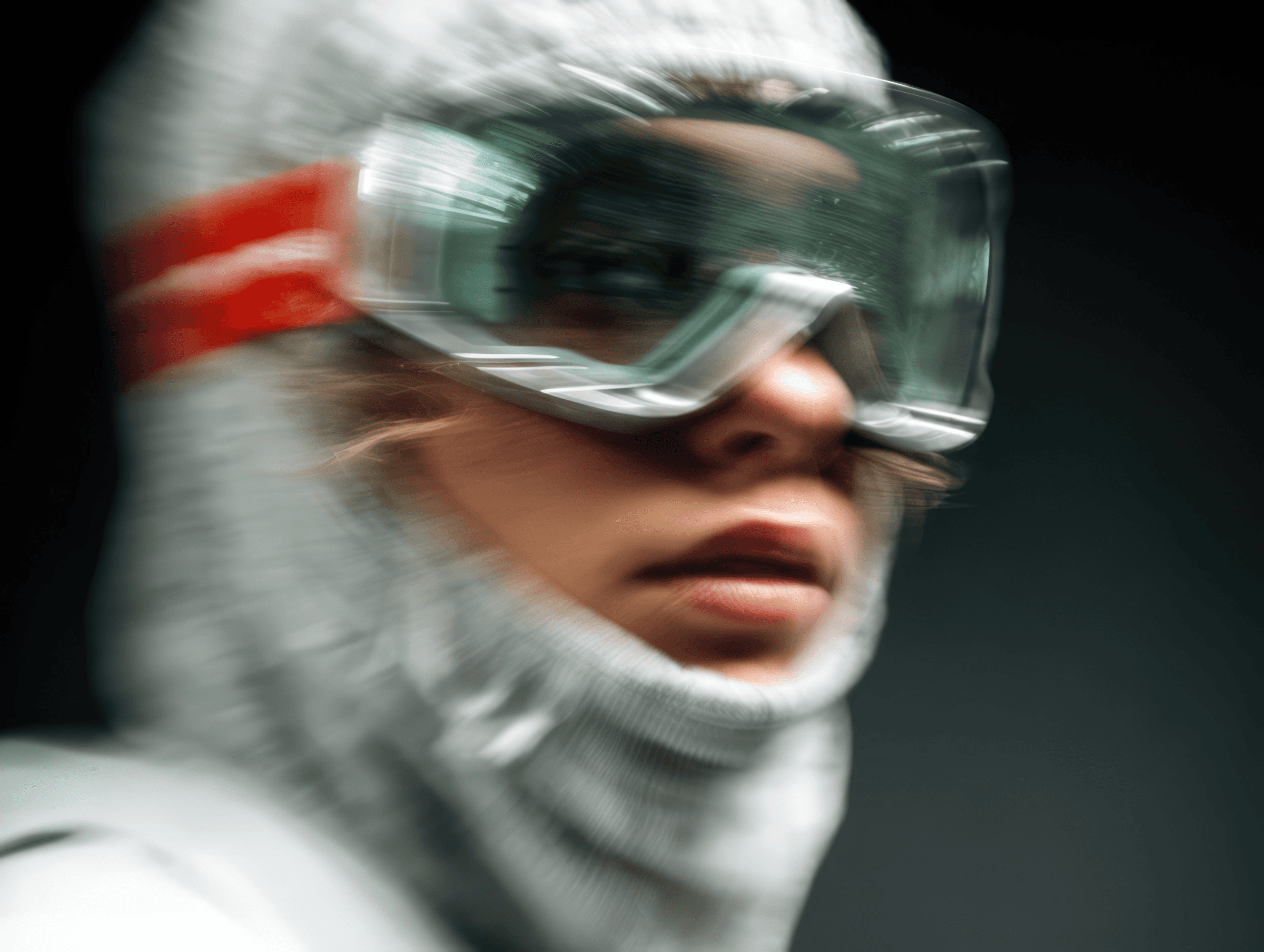 Portrait of a person in padded hood and green goggles looking sideways