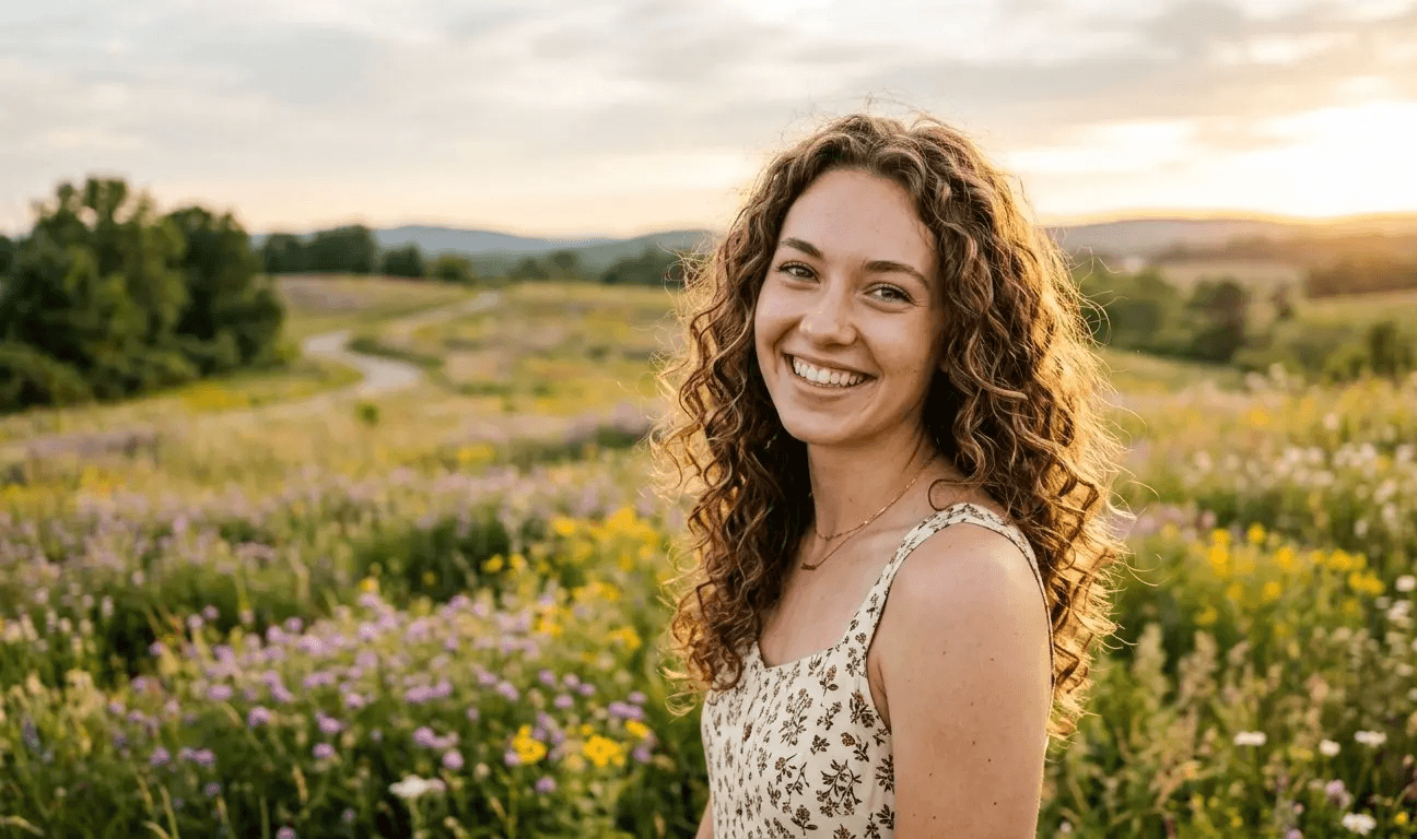 Woman with natural curly hair smiling in a wildflower field