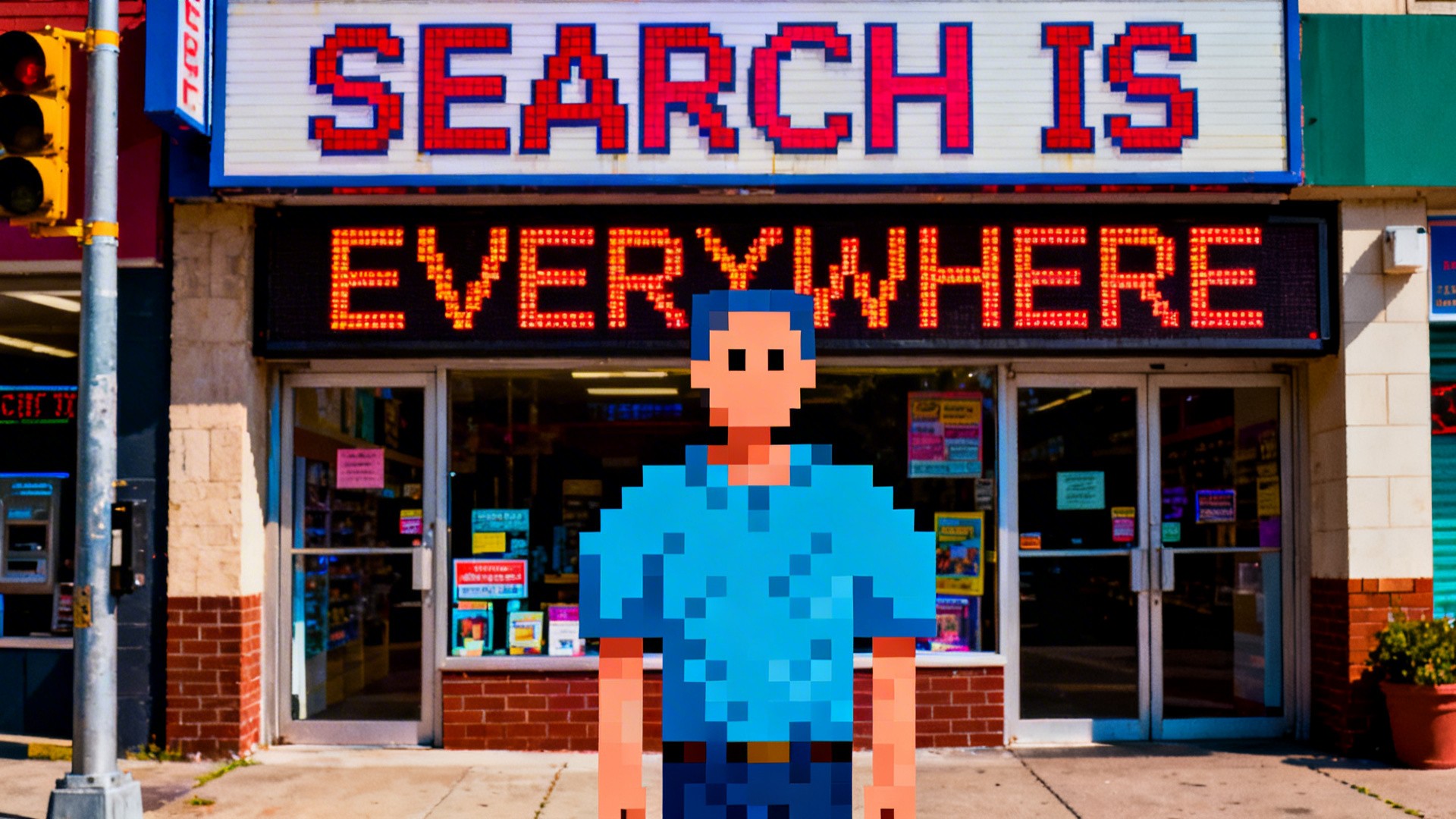 a surreal and vibrant cinematic photo of, Turn this photo into 8-bit retro video game style image. Maintain the exact text "SEARCH IS" and signage of the storefront, as well as EVERYWHERE