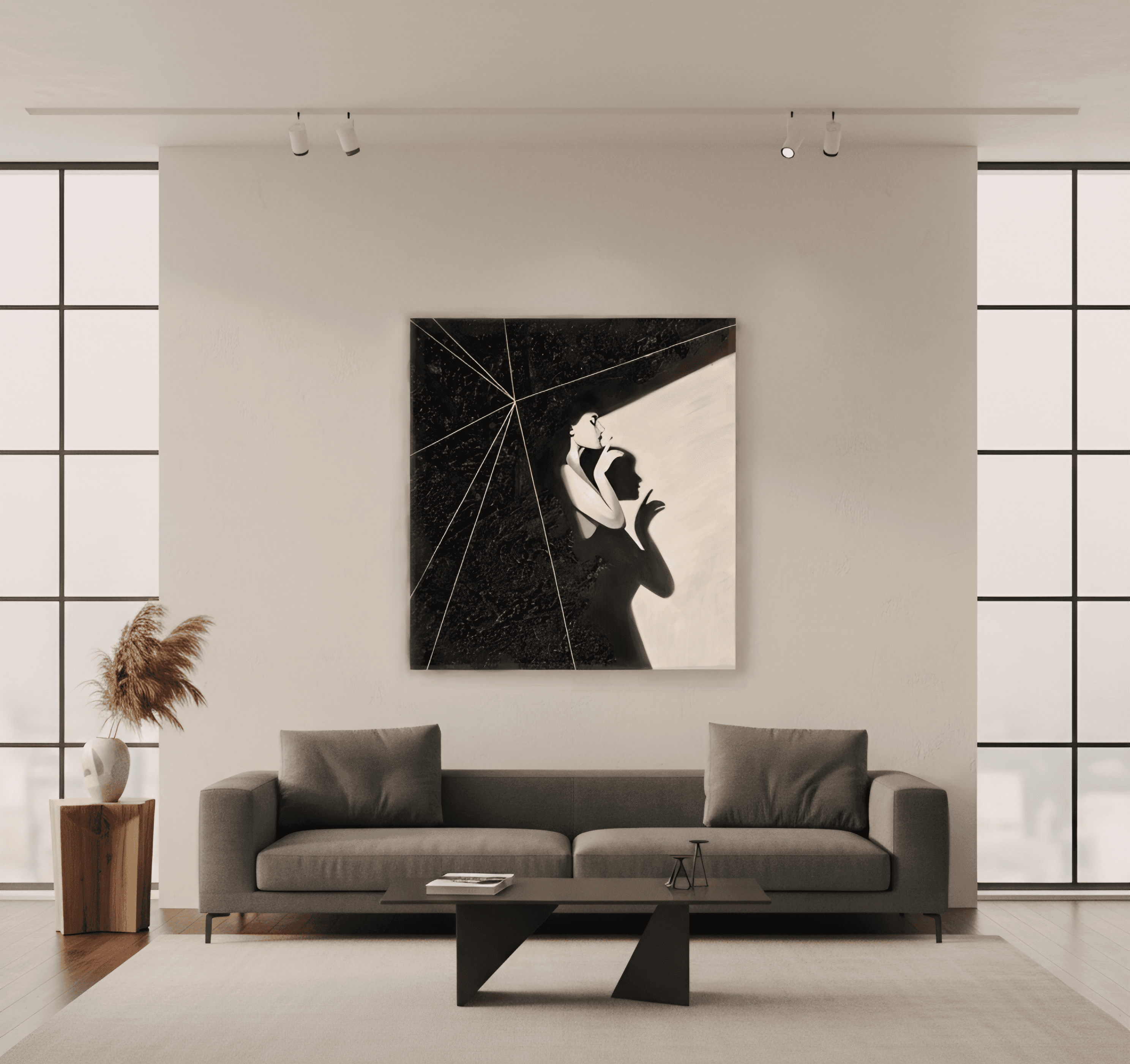 Modern interior with contemporary abstract figurative painting on canvas displayed above sofa, minimal living space with black and white artwork focus