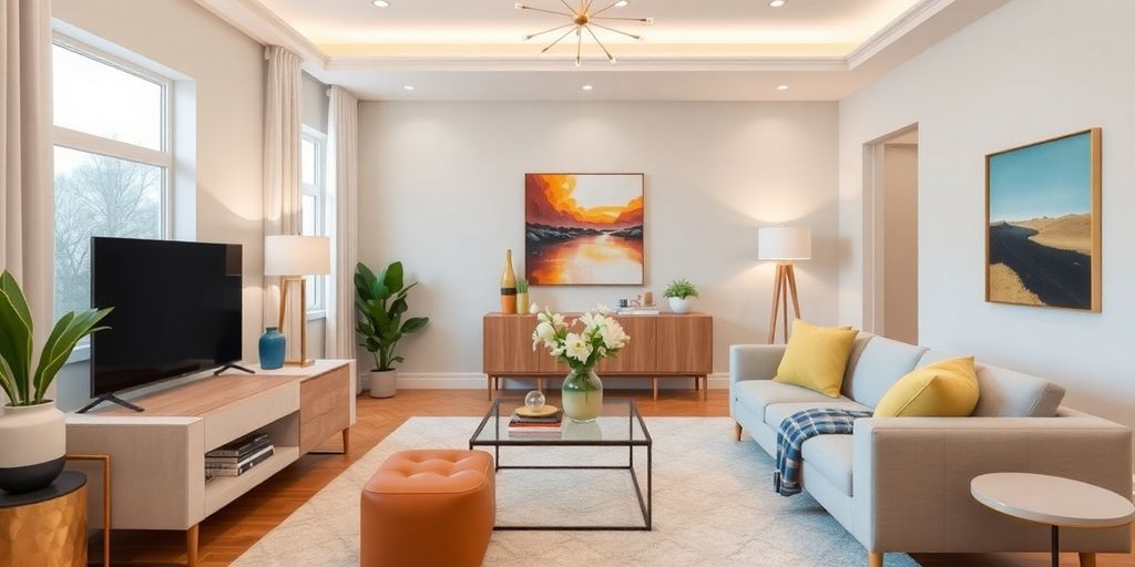 Virtually staged living room with modern furniture and decor.