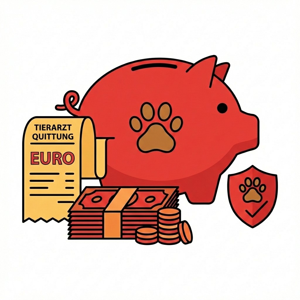 Rotes Sparschwein mit Pfotenabdruck, einem Veterinärbeleg, Geldscheinen und Münzen.