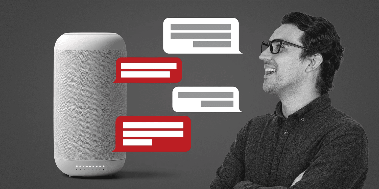 A man speaking into a voice-activated AI assistant with speech bubbles on the graphic.