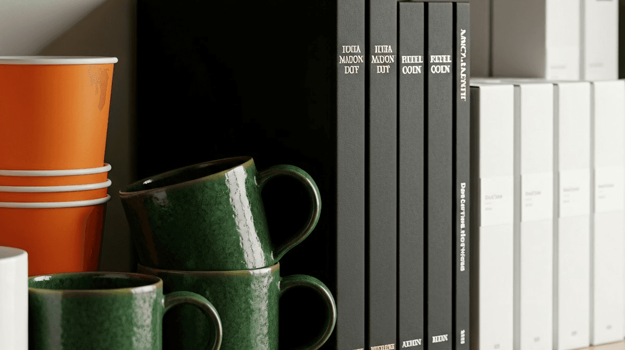 A wooden shelf displaying an assortment of colorful coffee cups alongside neatly arranged books.
