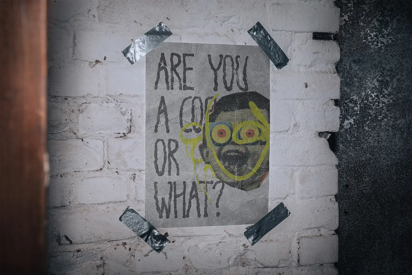 ndie promo art displayed on an A3 poster mockup with realistic paper textures and duct tape