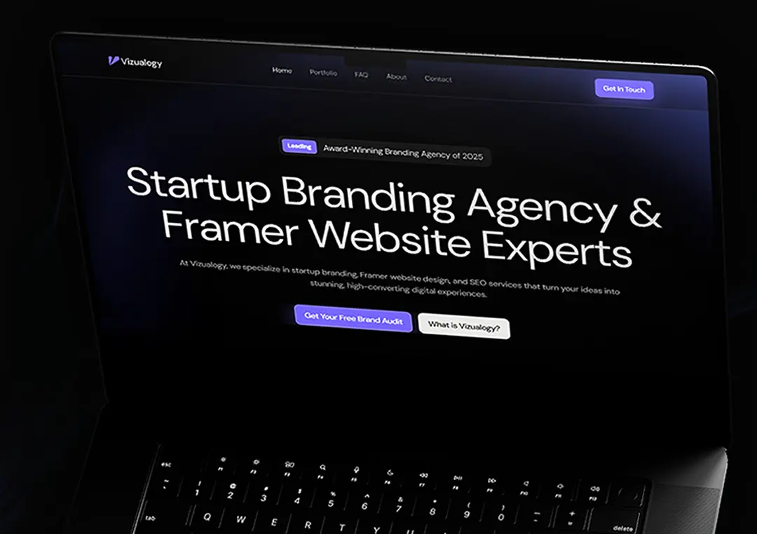 Vizualogy website design. Startup Branding Agency & Framer Website Experts online platform displayed on a laptop.