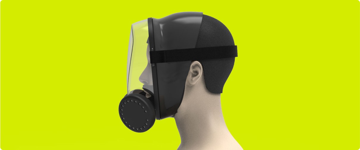 Side view render of an inclusive respirator worn on a head, highlighting its ergonomic fit and compatibility with religious headwear for secure and comfortable protection.