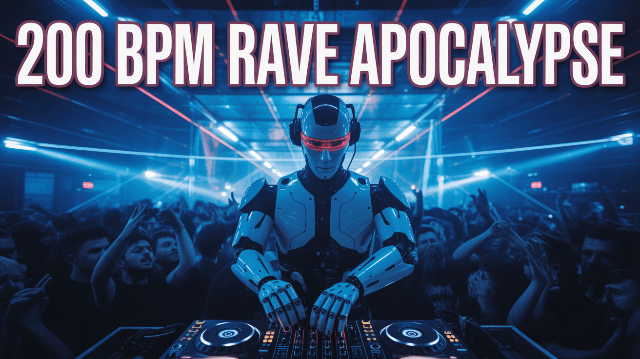 Robot DJ in warehouse rave with lasers wild crowd and 200 BPM RAVE APOCALYPSE text