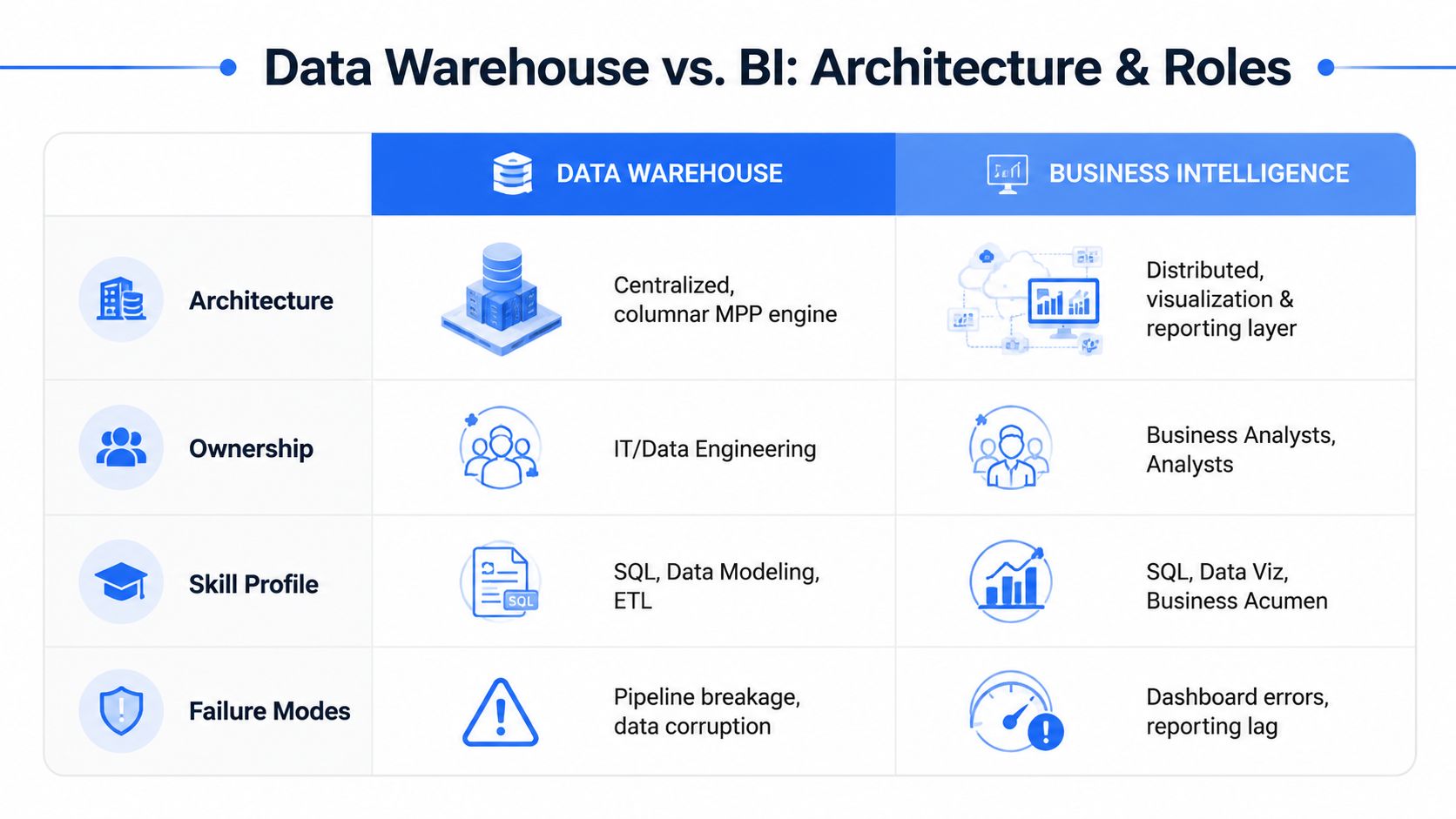 A comparison table outlining key differences between Data Warehouse architecture and Business Intelligence roles and functions.