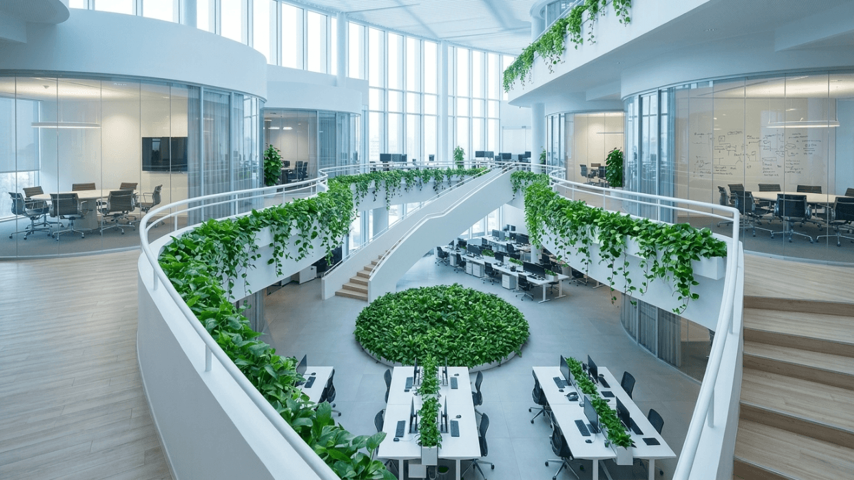 Bright modern office with stacked curved levels, glass meeting rooms, lush greenery on railings, and open workstations.