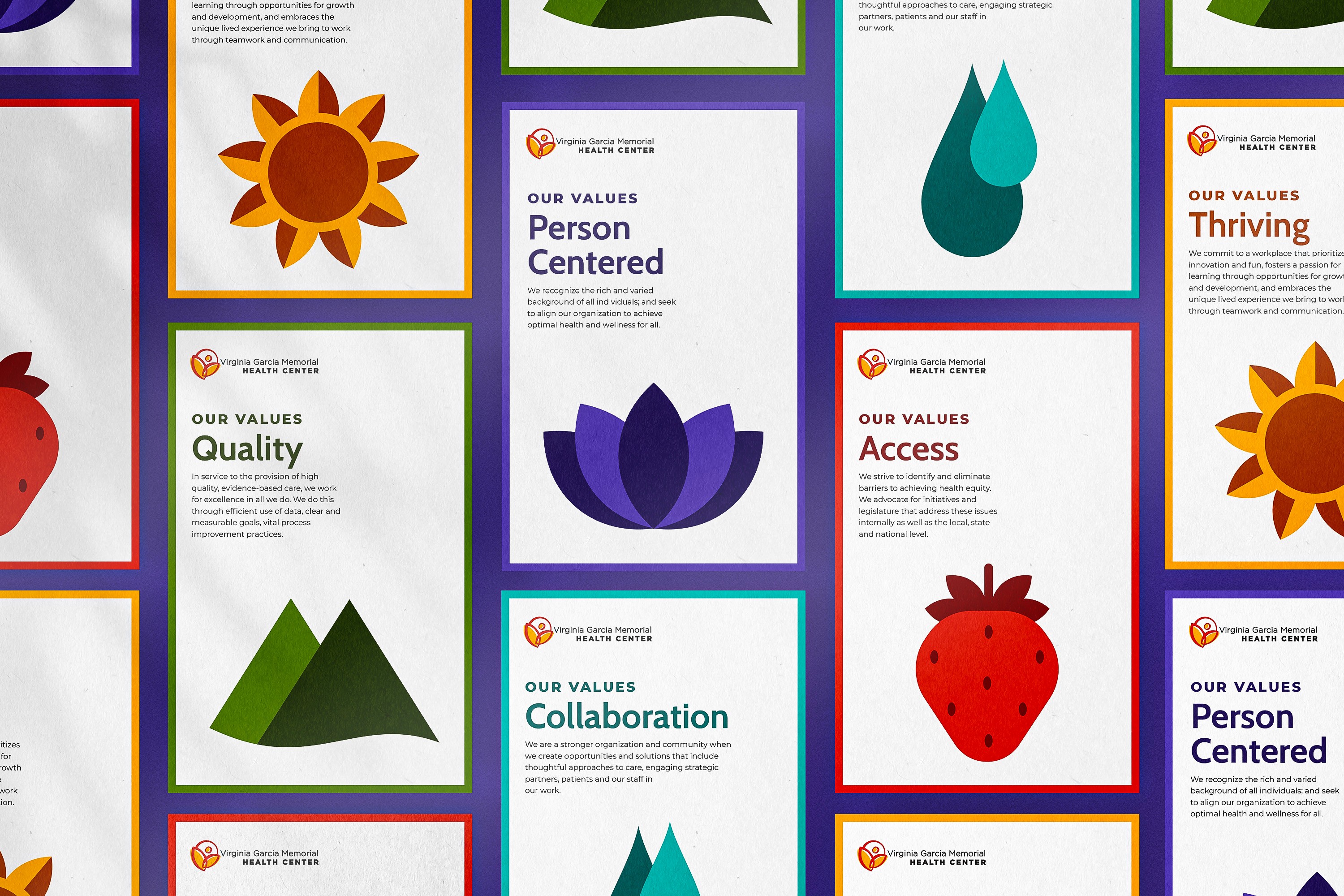 Virginia Garcia values card grid featuring all five icons: Person-Centered, Quality, Collaboration, Access, and Thriving.