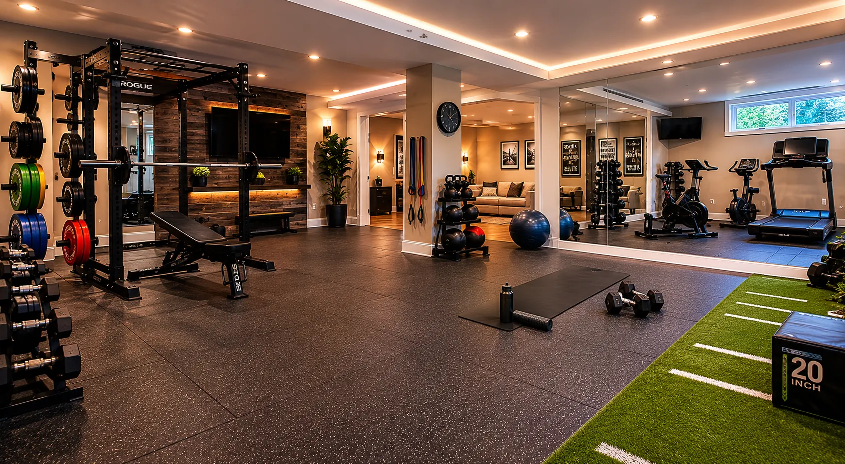 High-end home gym basement with Rogue equipment, wall-mounted barbell storage, cardio bikes, artificial grass training area, wooden accent wall, and professional lighting design for complete fitness space.