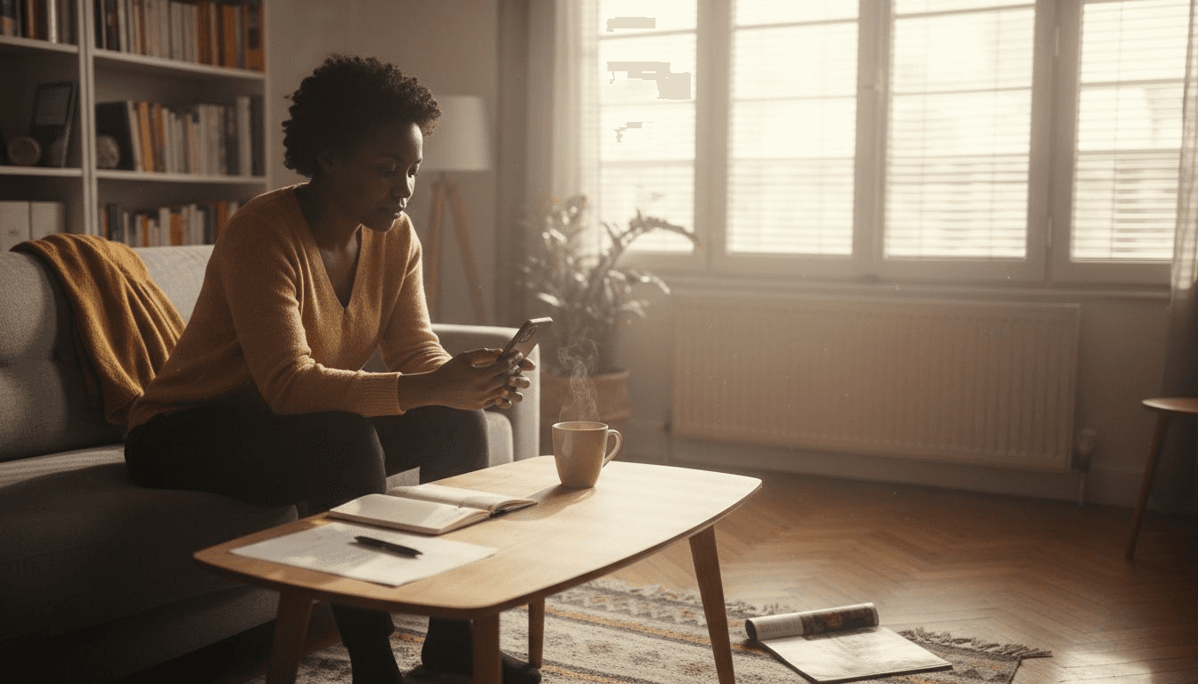 Une femme de la diaspora participe à une tontine en ligne depuis son salon.