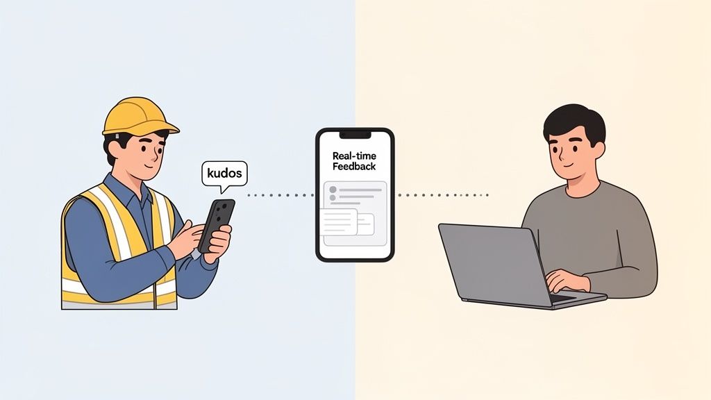 Worker sends 'kudos' feedback via phone to a real-time system, accessed by a person on a laptop.