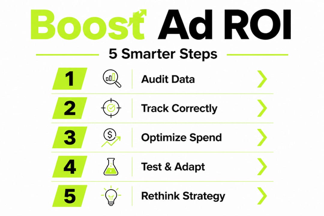 Infographic showing five steps to improve ad ROI