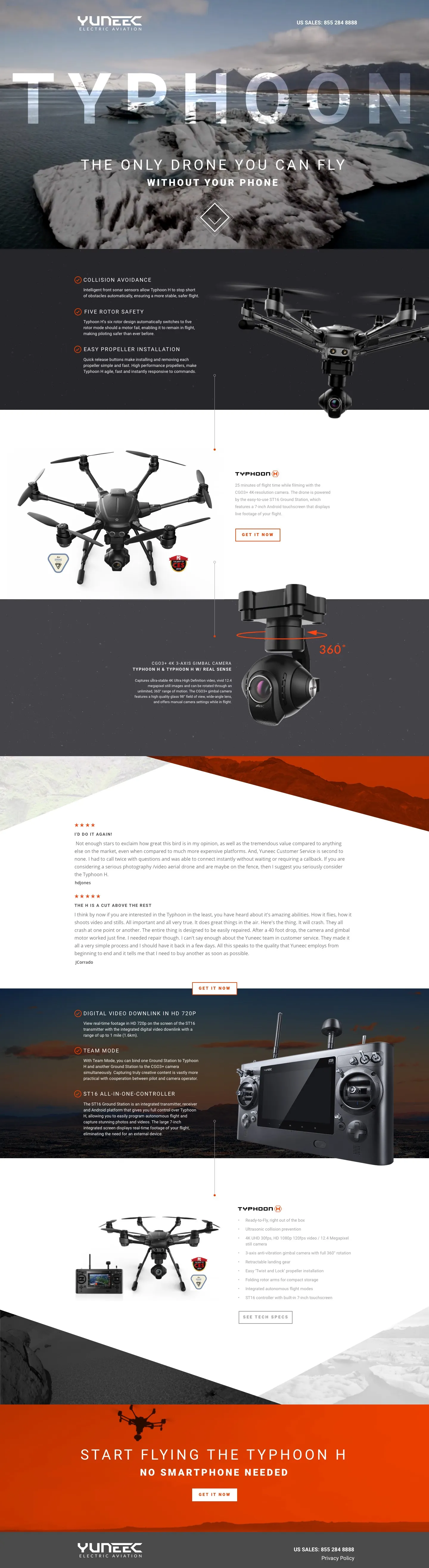 Yuneec Typhoon drone landing page feature section and product detail