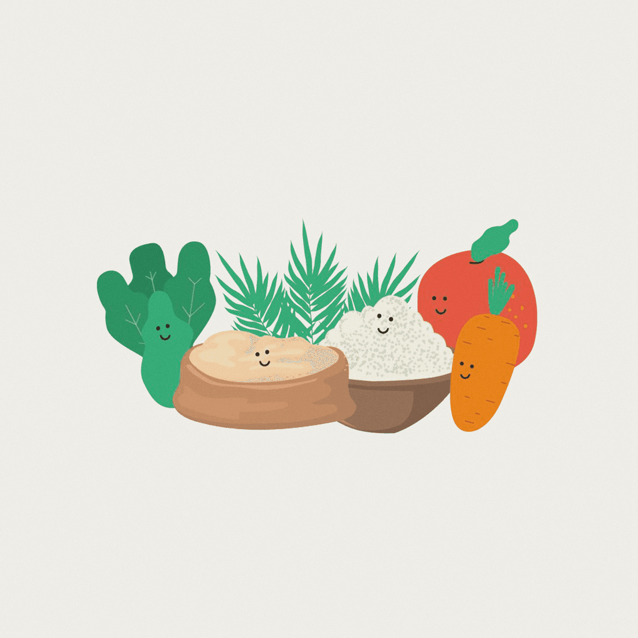 Hand-drawn nutrition illustration showing natural ingredients like carrot and broccoli