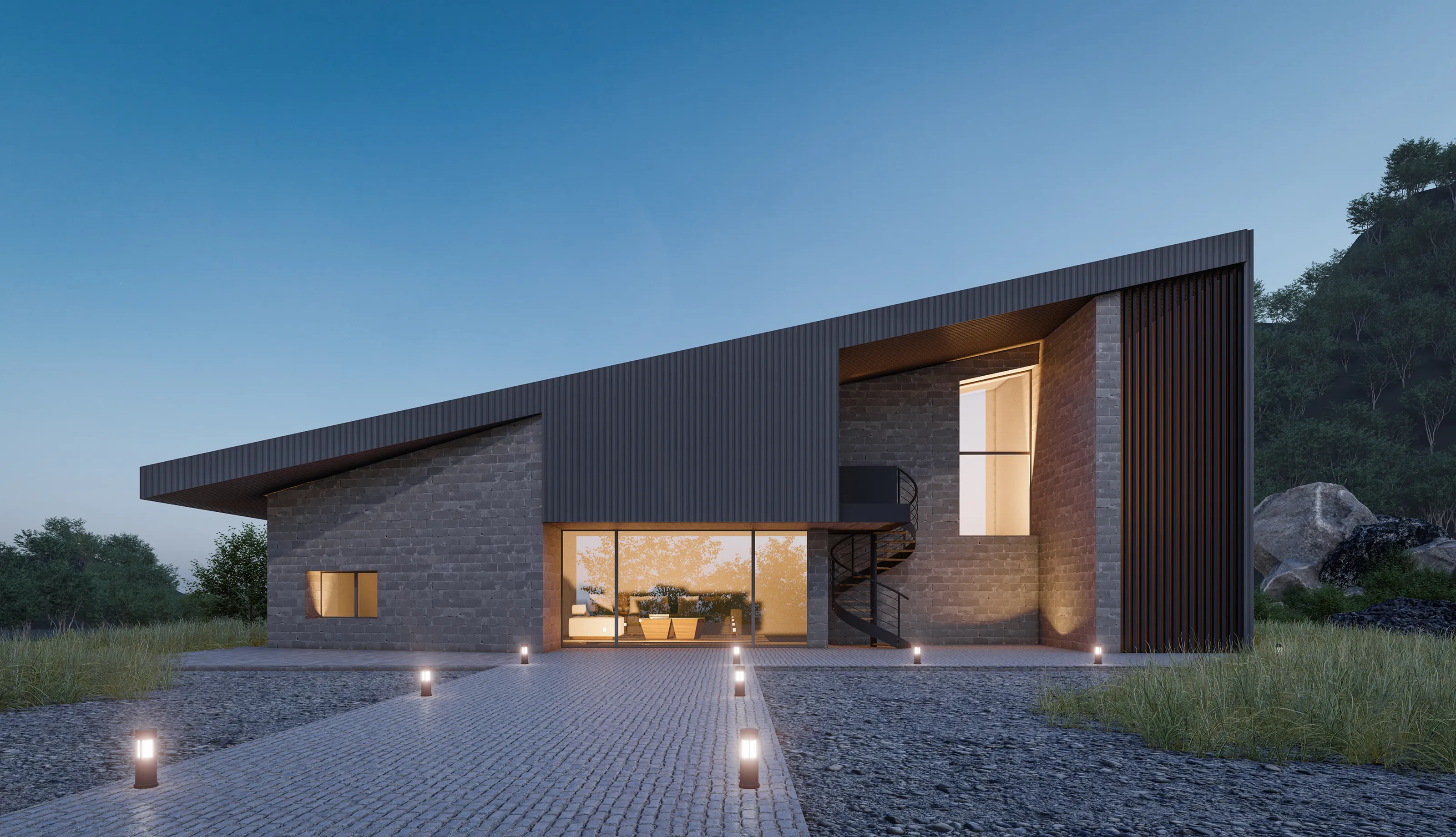 A modern, single-story house with a sharp, sloping roofline at dusk. The exterior features dark wood siding and large glass windows revealing a warm, lit interior. A stone-paved path lined with small, glowing ground lights leads to the entrance.