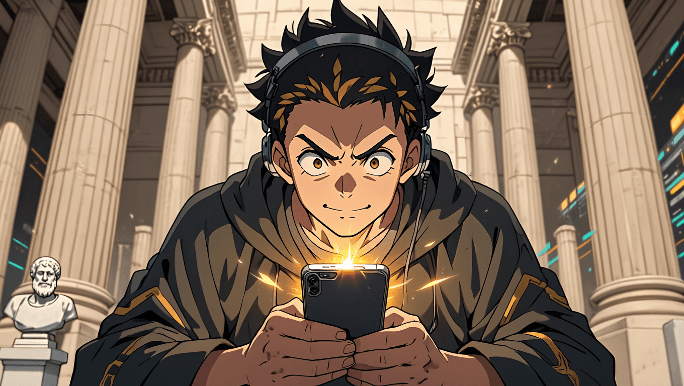 Joyful student studying with a modern device