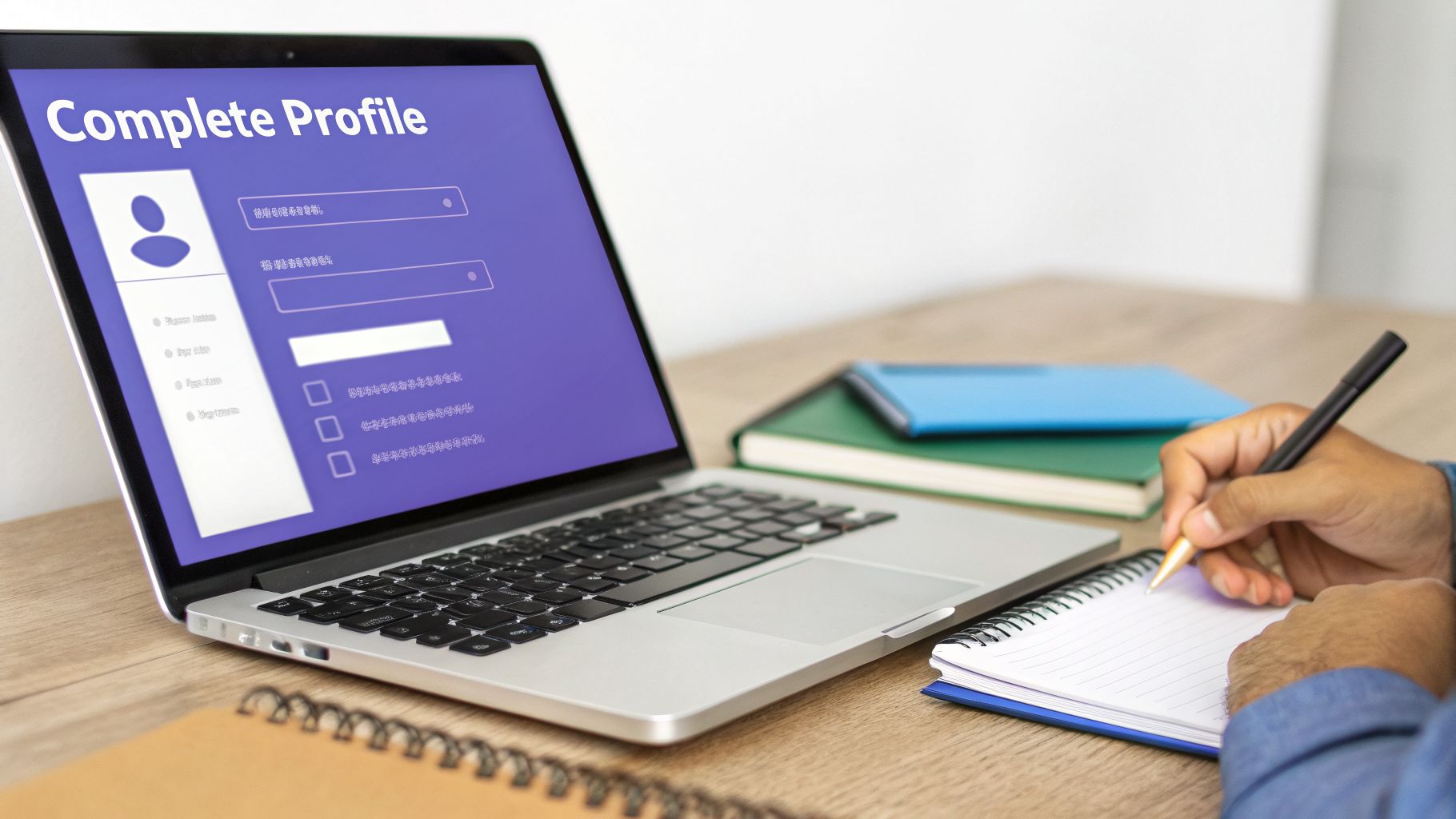 Laptop screen shows 'Complete Profile' as a person fills out an online form and takes notes.