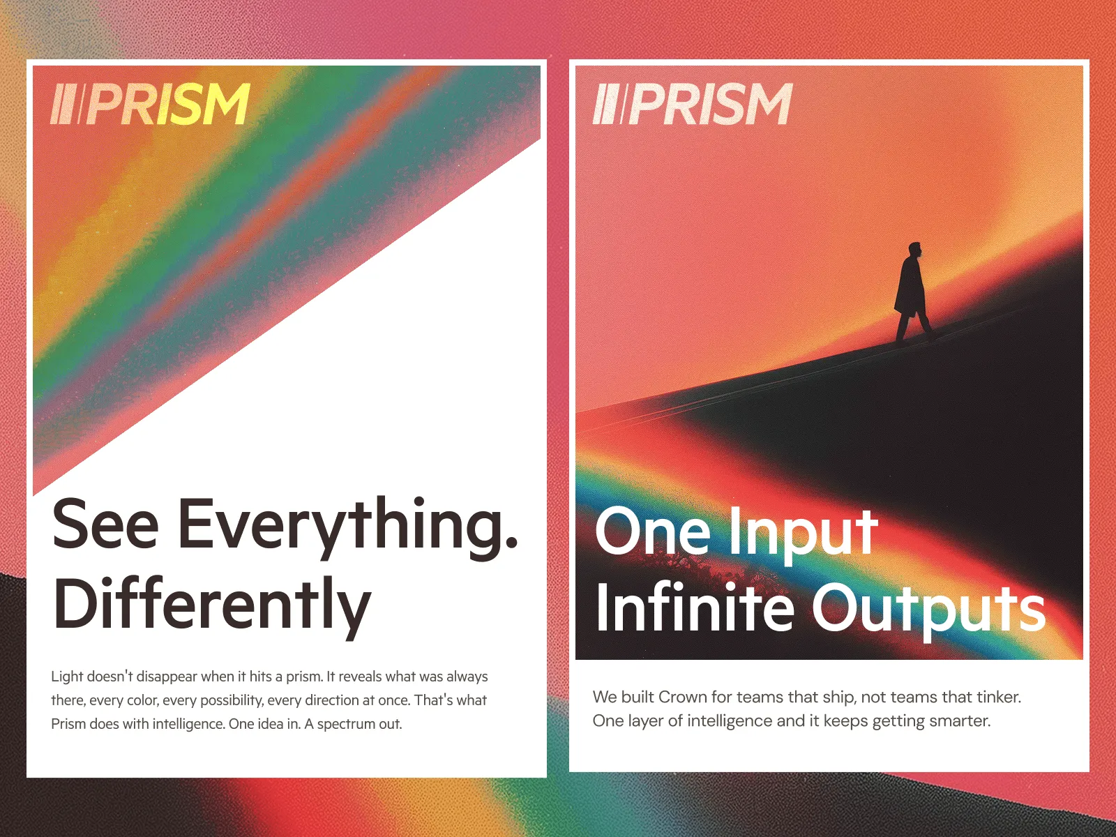 Two promotional panels with vibrant colors. Text reads "See Everything, Differently" and "Our brand software solutions."