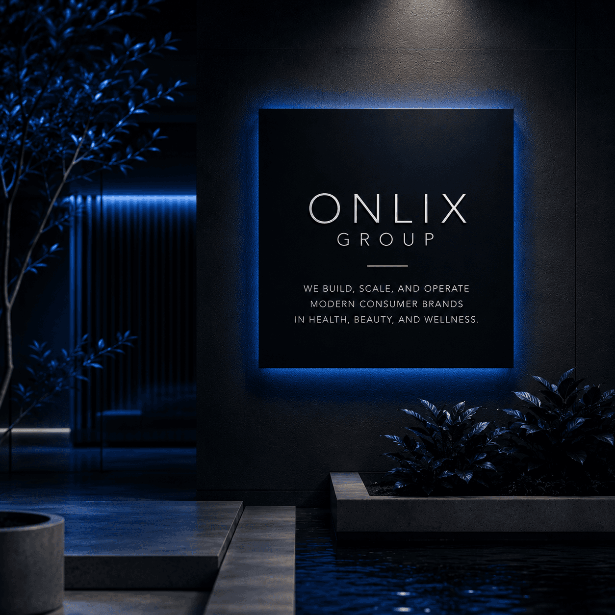 ONLIX GROUP modern consumer brand headquarters with blue and black luxury corporate aesthetic