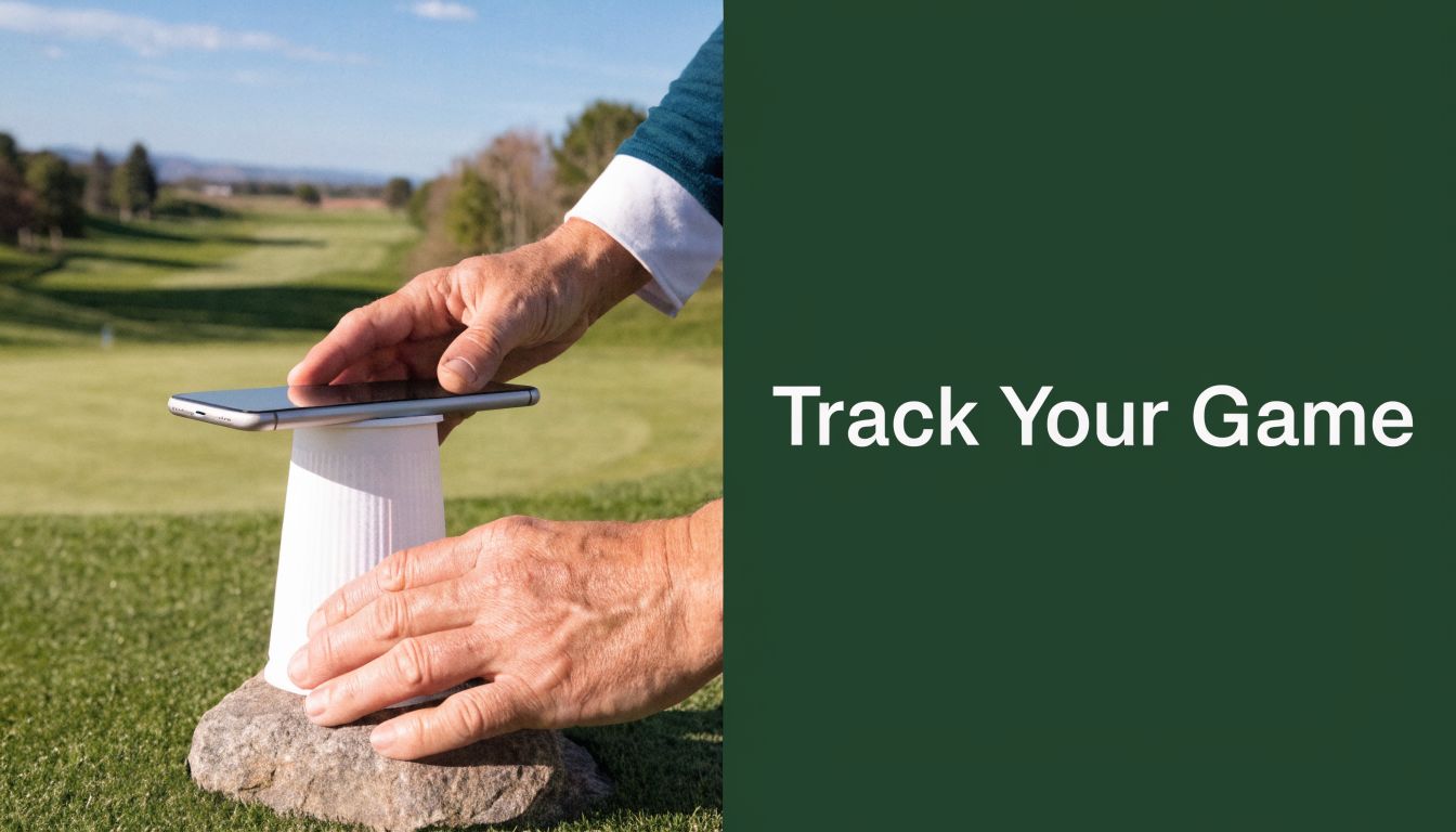 A person setting up a smartphone on a paper cup balanced on a rock for golf tracking.