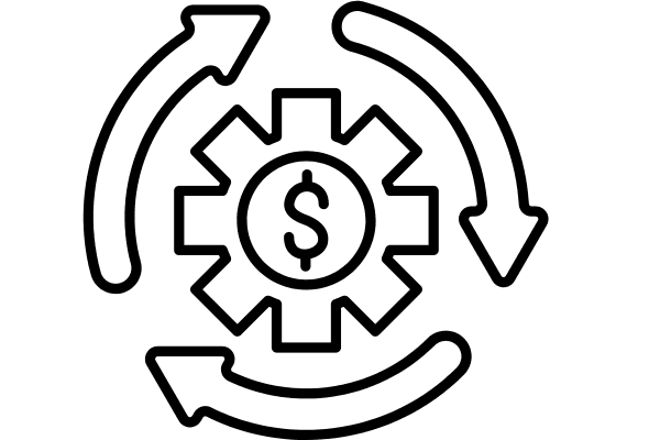 icon of a dollar sign within a gear, surrounded by three arrows describing a circle