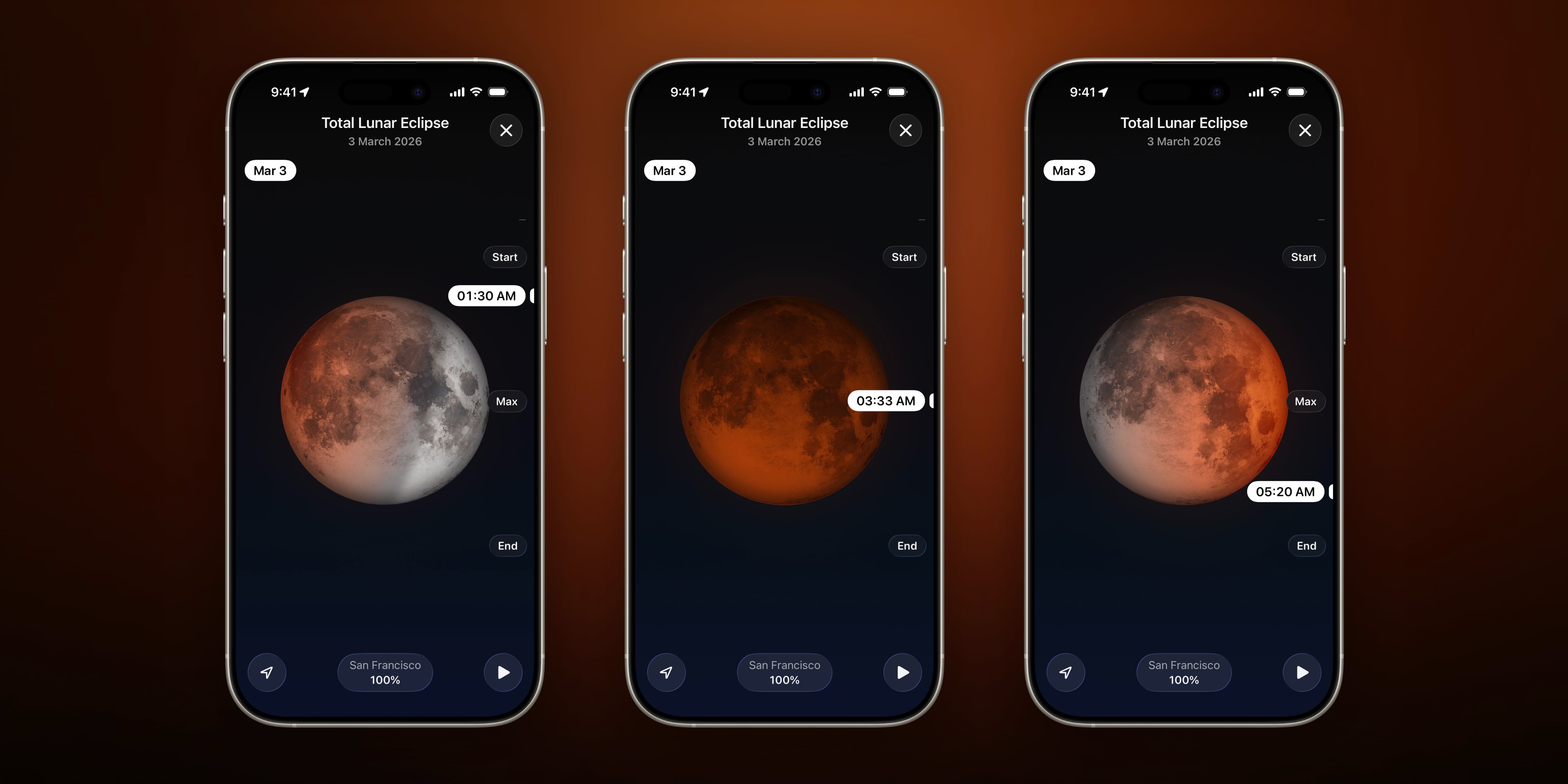 Eclipse preview page of Moonlitt App. Total Lunar Eclipse 3 March 2026