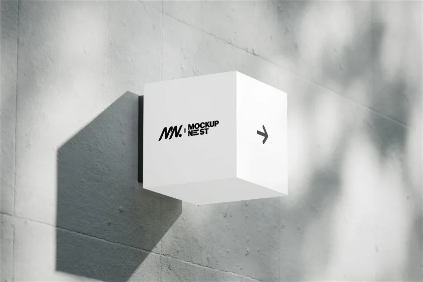 Square wall-mounted lightbox mockup displayed on a concrete wall. The clean white box casts sharp shadows, emphasizing its minimal design and bold logo placement, ideal for branding in modern environments.