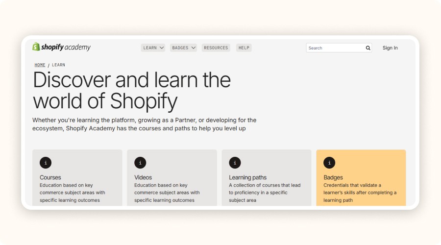 Shopify Learn homepage