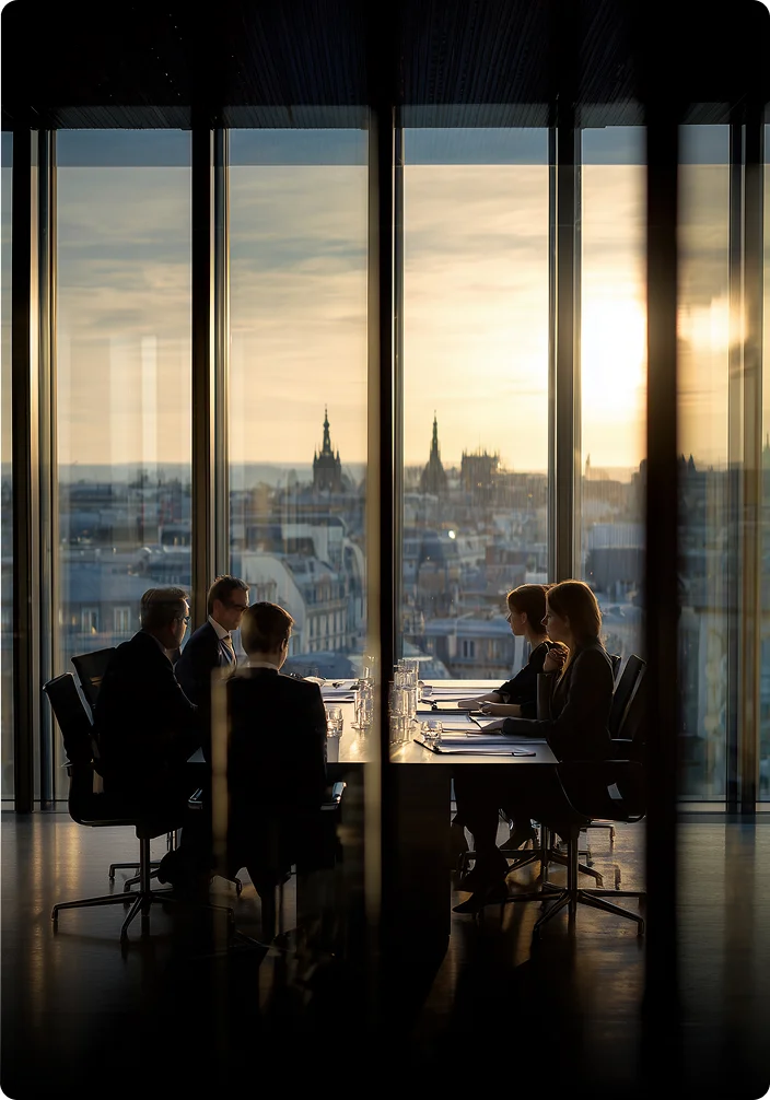 A group of business professionals sit around a long conference table in silhouette, seen through a glass wall. Behind them, floor-to-ceiling windows offer a wide view of a European city skyline at sunset.