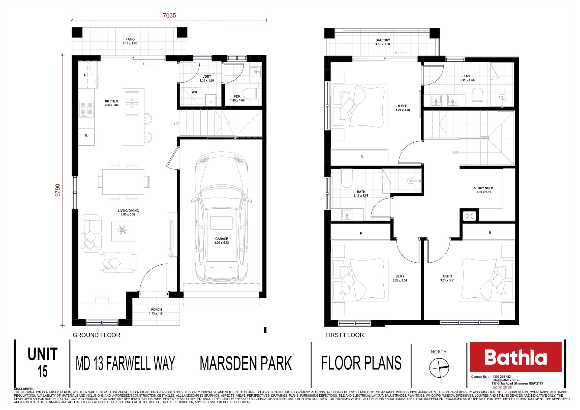3 bedroom townhouse floor plan in Marsden Park with open living area, garage, patio, and study nook, ideal for modern family living