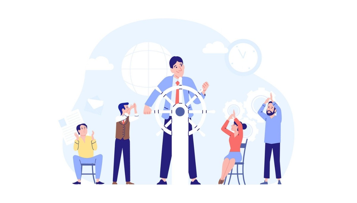 Illustration of professional holding ship’s wheel surrounded by supportive team.