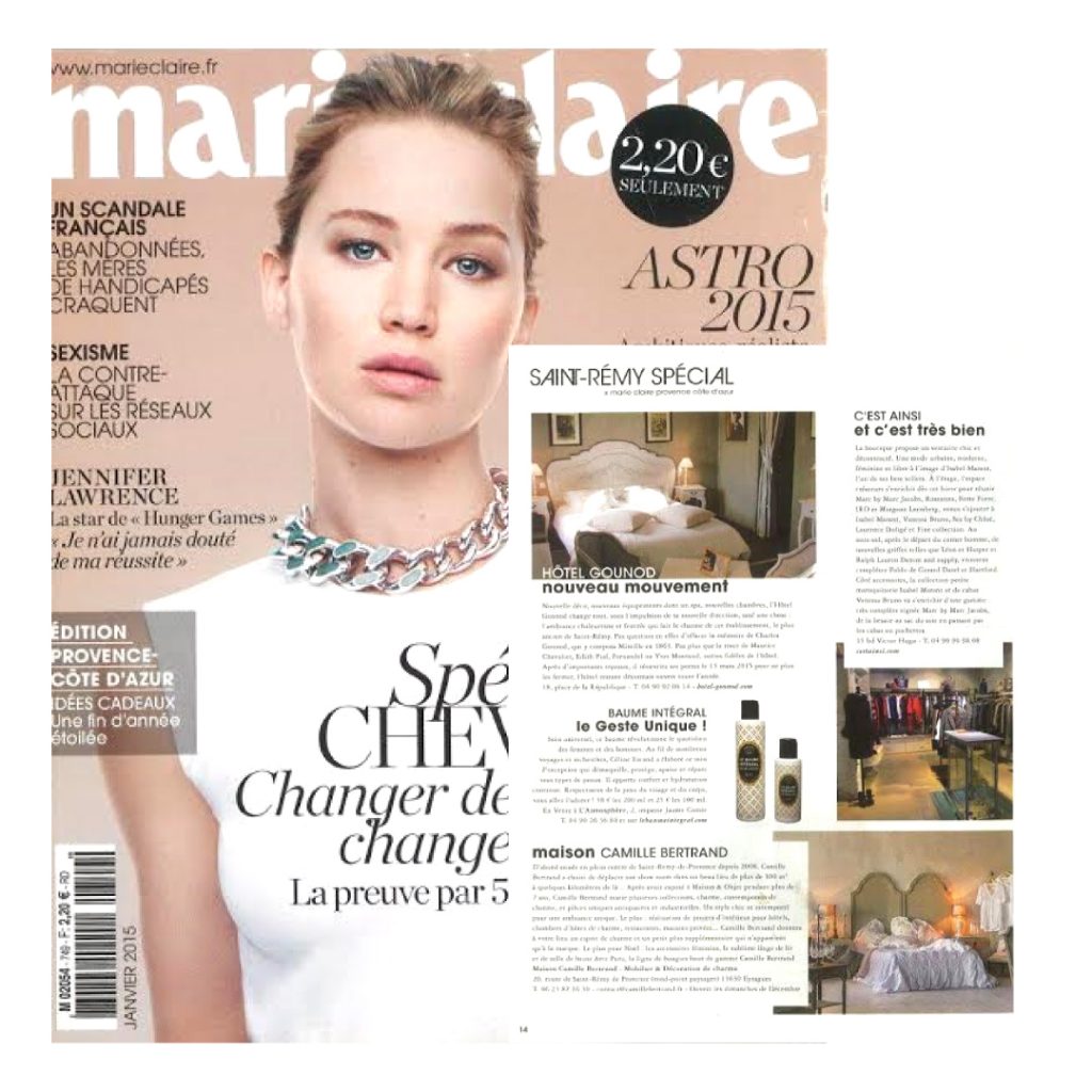 Magazine Marie Claire mettant en avant Le Baume Intégral dans la sélection Saint-Rémy Spécial, soins bio Made in Provence présentés en page beauté
