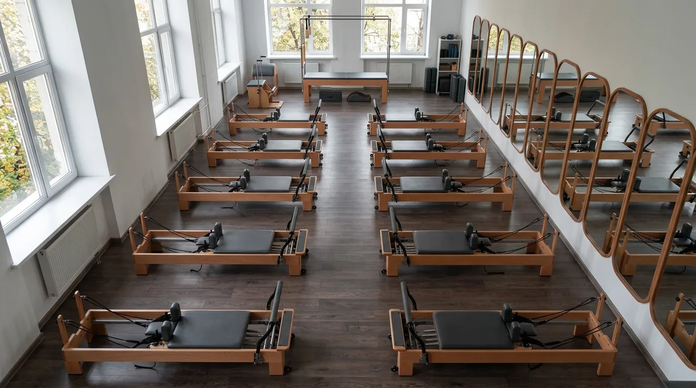 estúdio de pilates moderno com equipamentos organizados