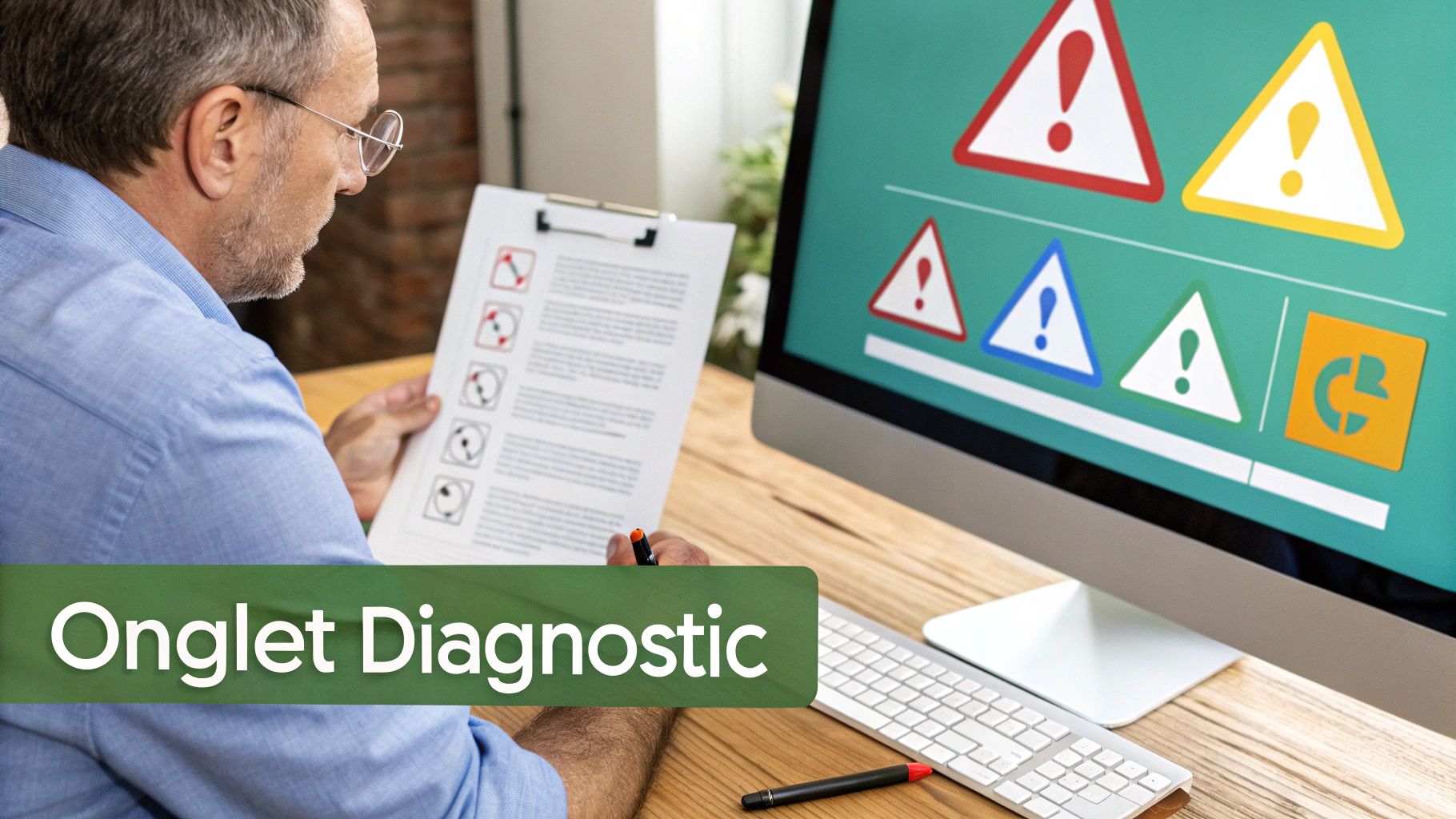 Un homme analyse des documents près d'un écran d'ordinateur affichant des symboles d'alerte et un logo, avec un bandeau